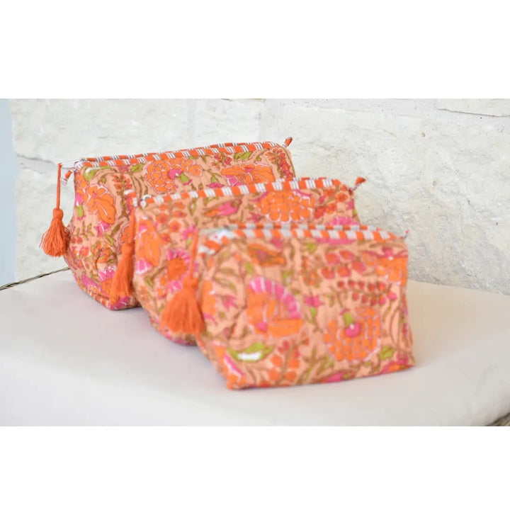 Quilted Cotton Vanity / Travel Pouch - Marigold Orange (Set of 3)
