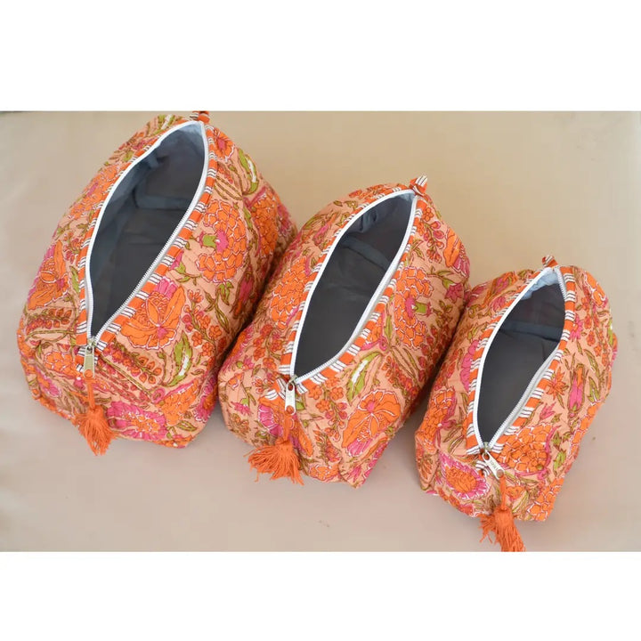 Quilted Cotton Vanity / Travel Pouch - Marigold Orange (Set of 3)
