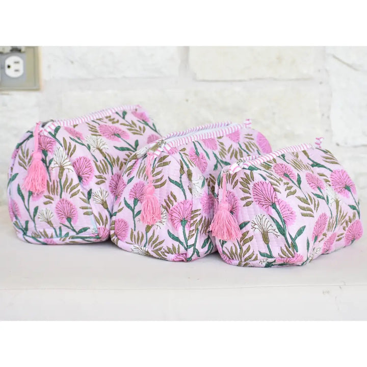 Quilted Cotton Vanity / Travel Pouch - Pink Floral (Set of 3)