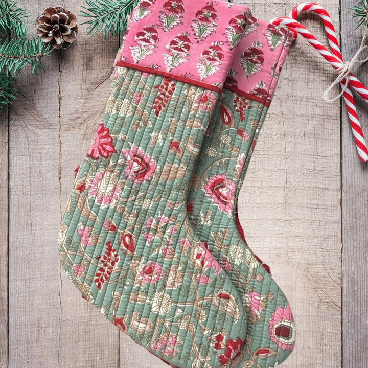 Evergreen Bloom–Handblock Print Quilted Stocking