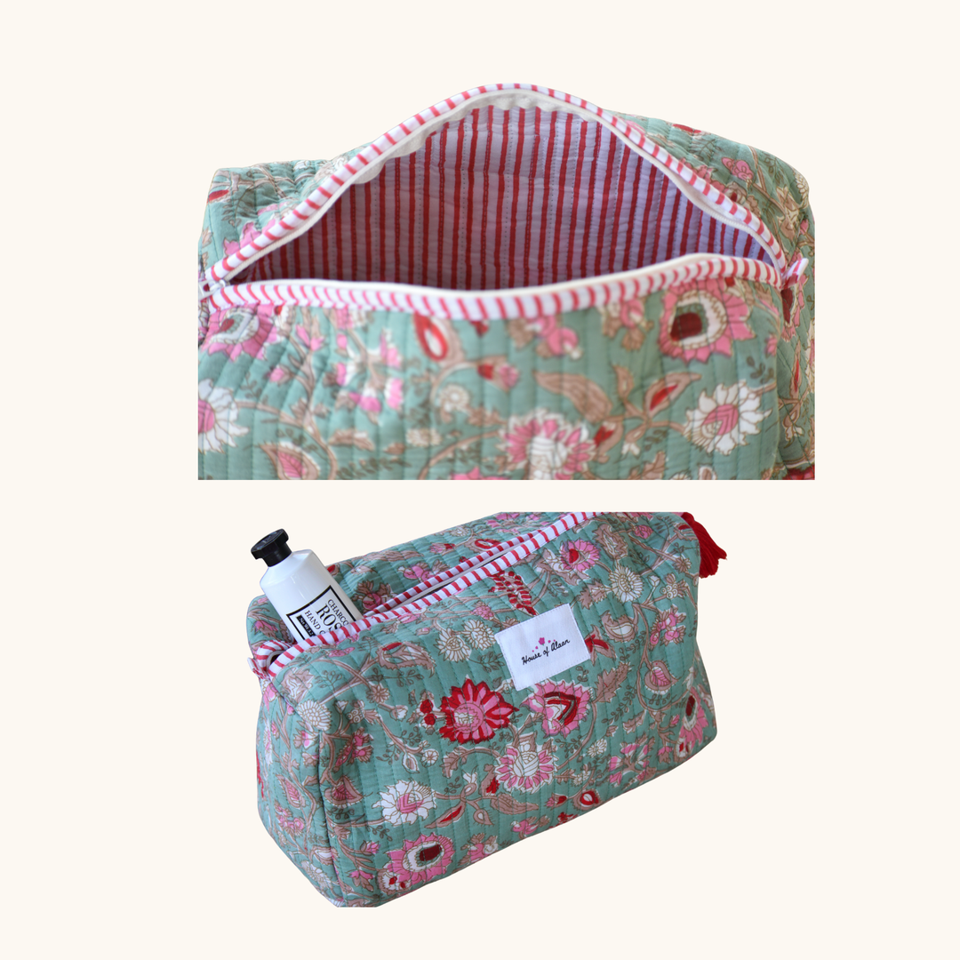 Quilted Cotton Vanity / Travel Pouch - Olive Grove