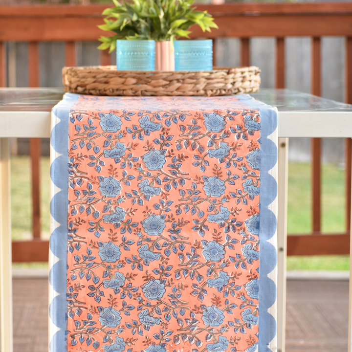 Peach Blue Floral Table Runner with Scallops - 14IN x 108IN