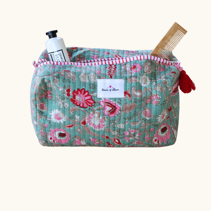 Quilted Cotton Vanity / Travel Pouch - Olive Grove